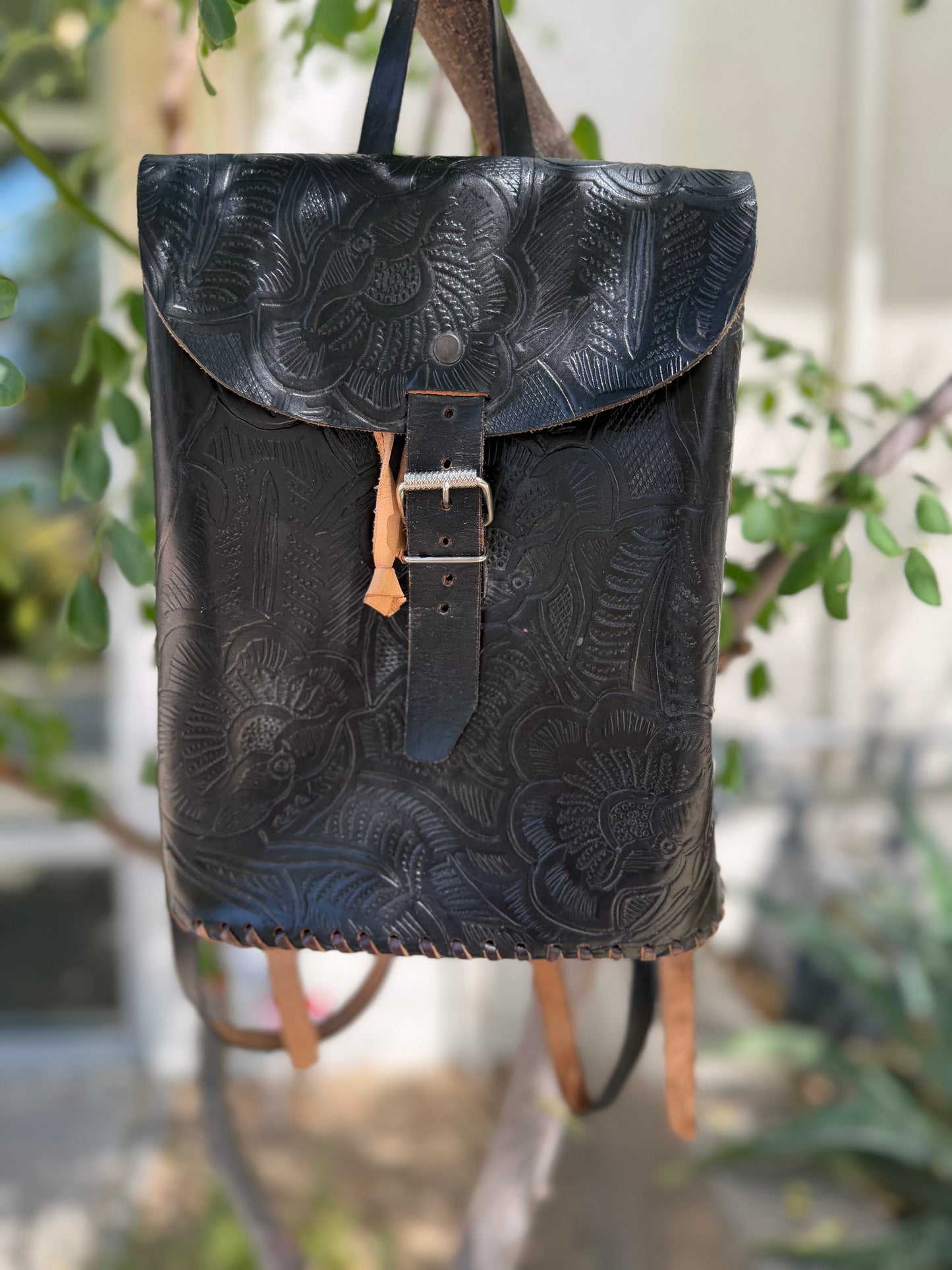 Vintage Hand-tooled Leather Backpack Purse