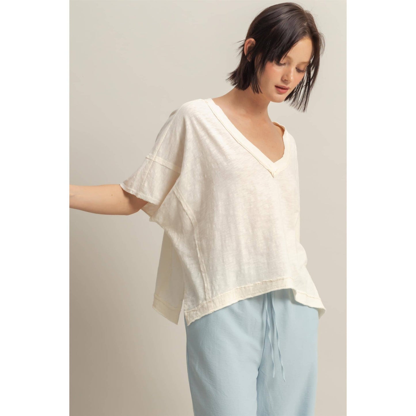 DARK TAUPE Raw Edge V Neck Oversized T Shirt