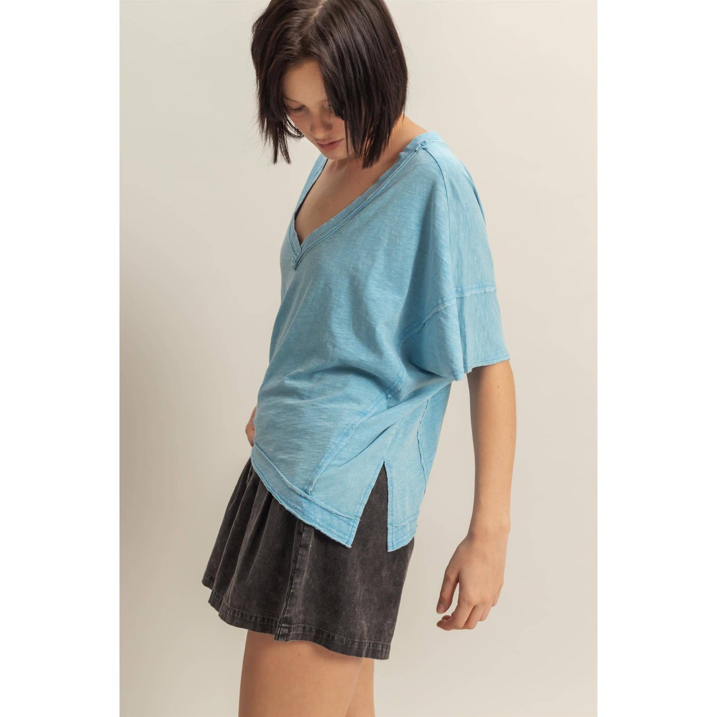 DARK TAUPE Raw Edge V Neck Oversized T Shirt