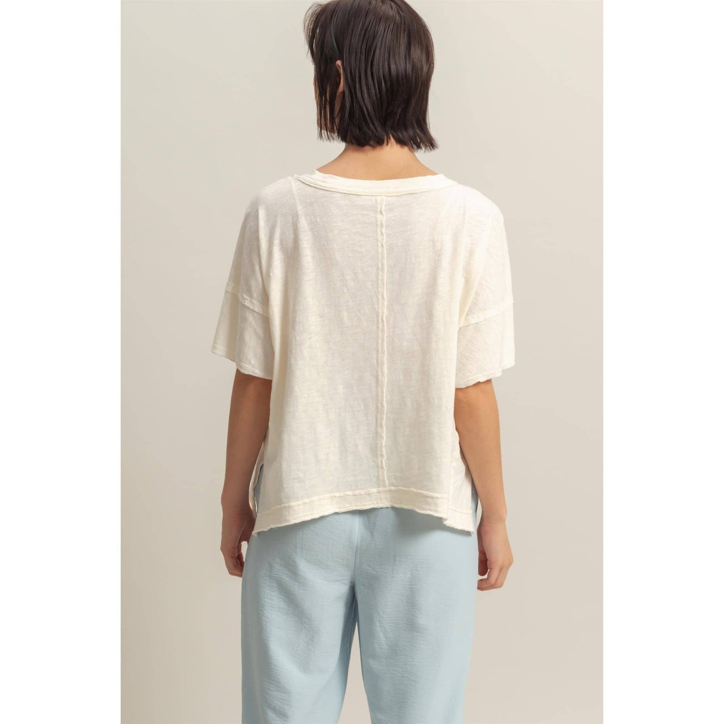 DARK TAUPE Raw Edge V Neck Oversized T Shirt
