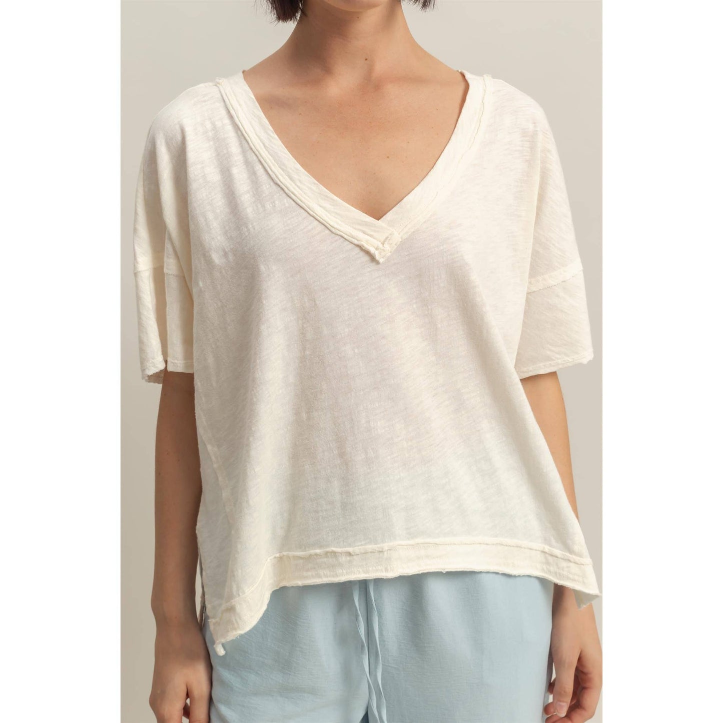 DUSTY INDIGO Raw Edge V Neck Oversized T Shirt