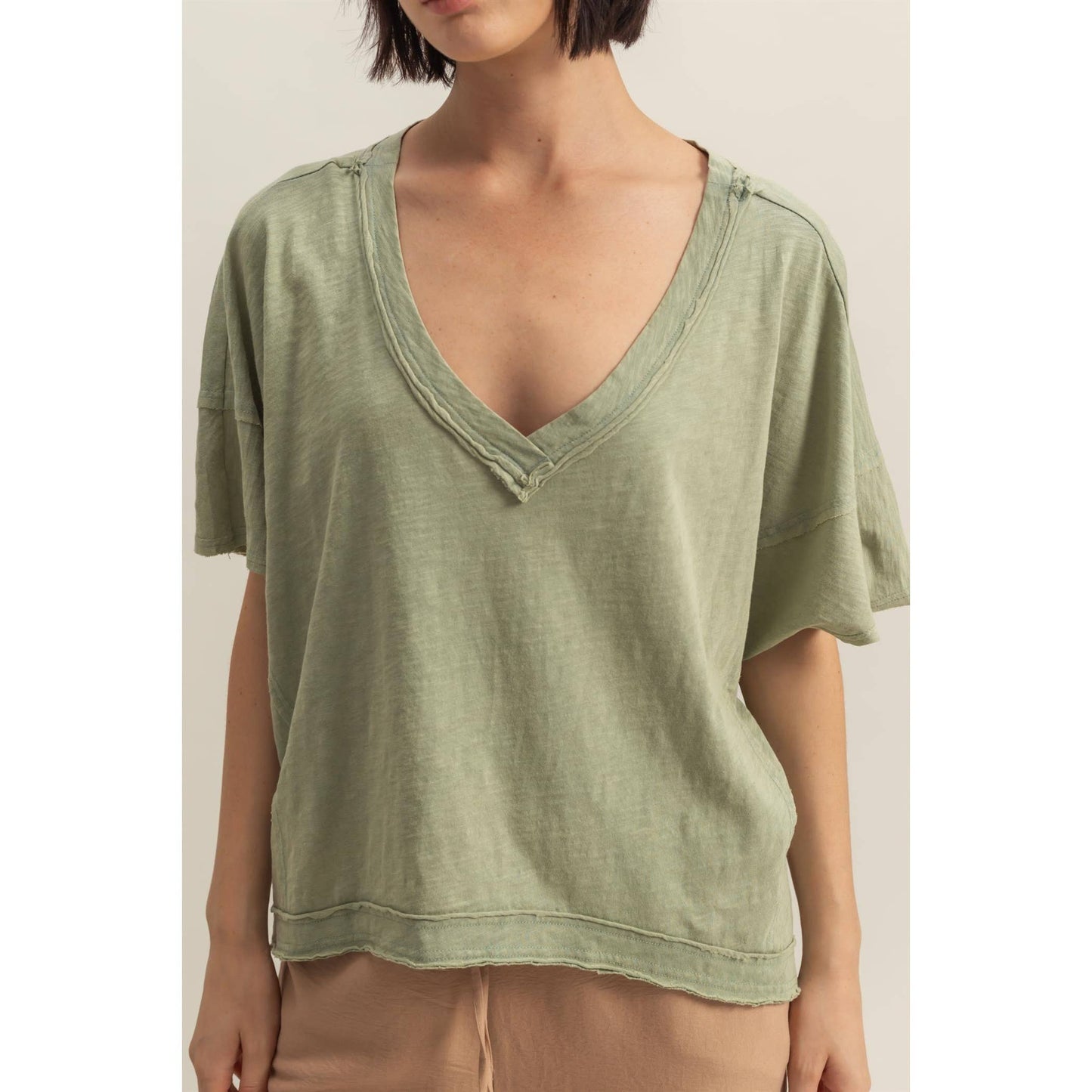 DARK TAUPE Raw Edge V Neck Oversized T Shirt