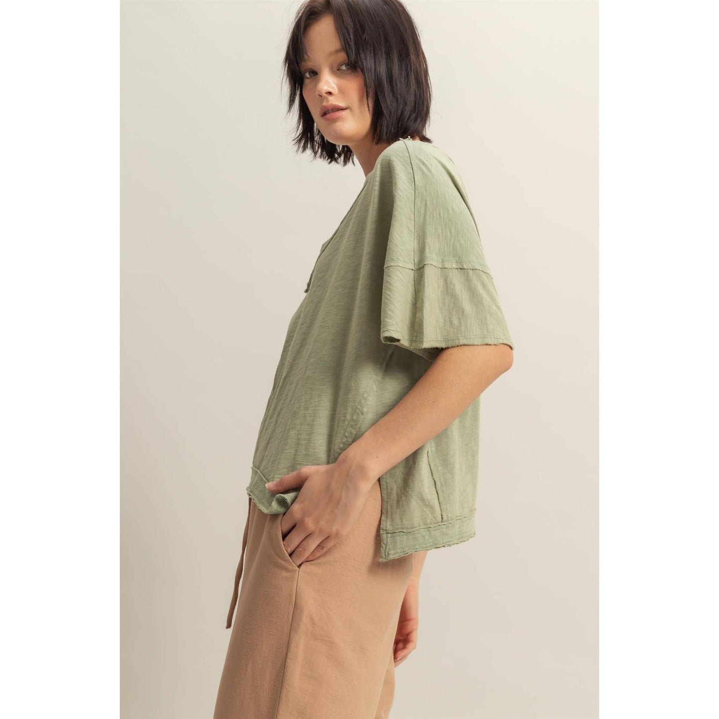 DUSTY INDIGO Raw Edge V Neck Oversized T Shirt