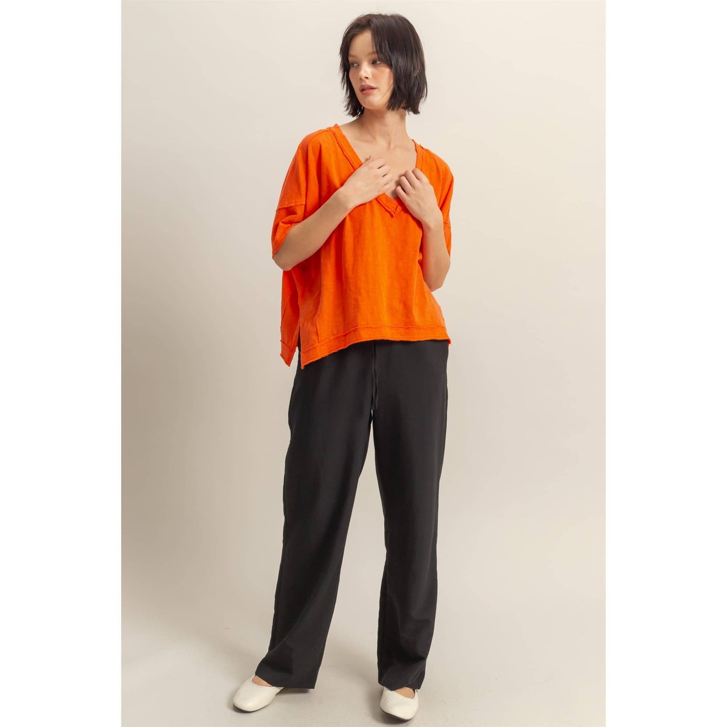 DARK TAUPE Raw Edge V Neck Oversized T Shirt