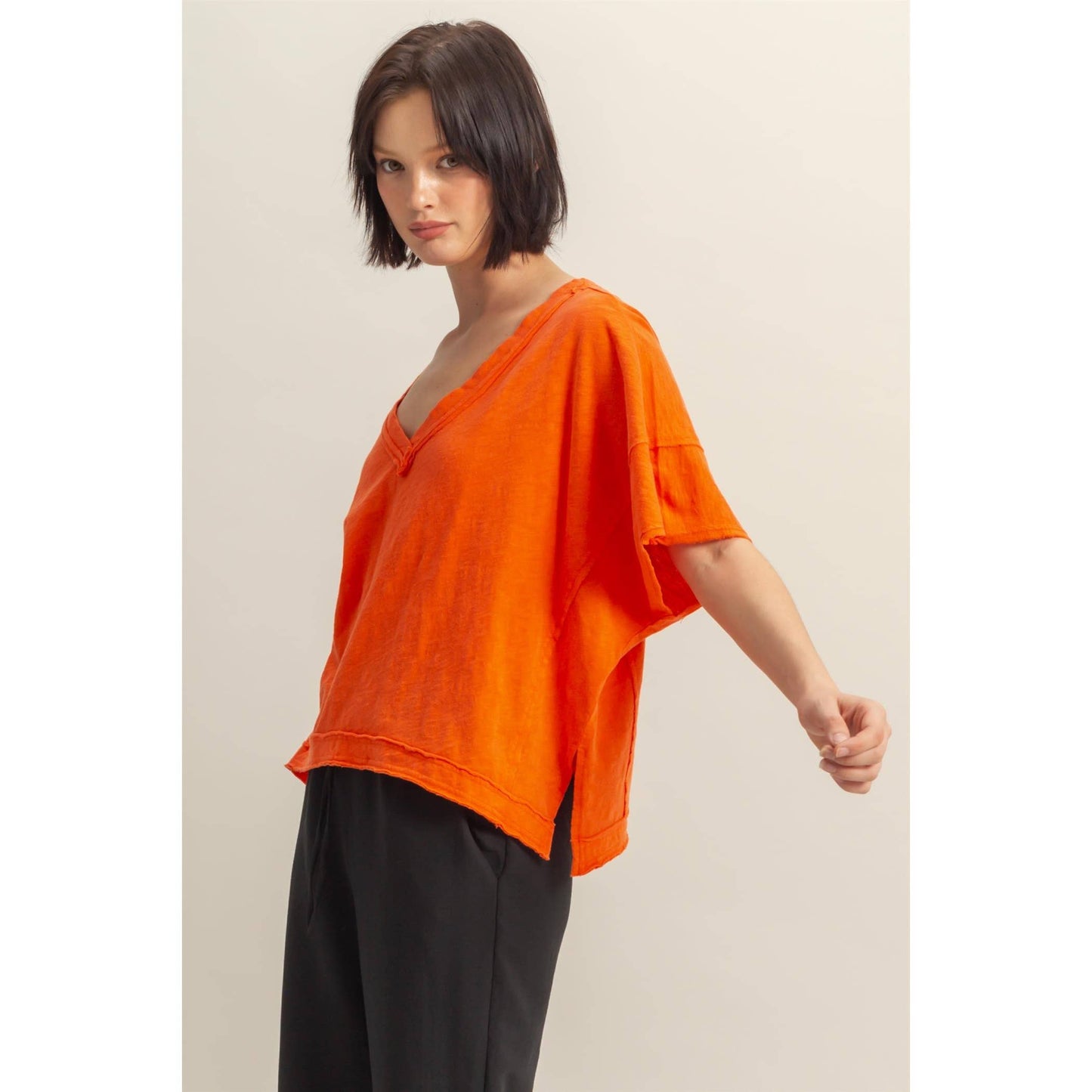 DUSTY INDIGO Raw Edge V Neck Oversized T Shirt