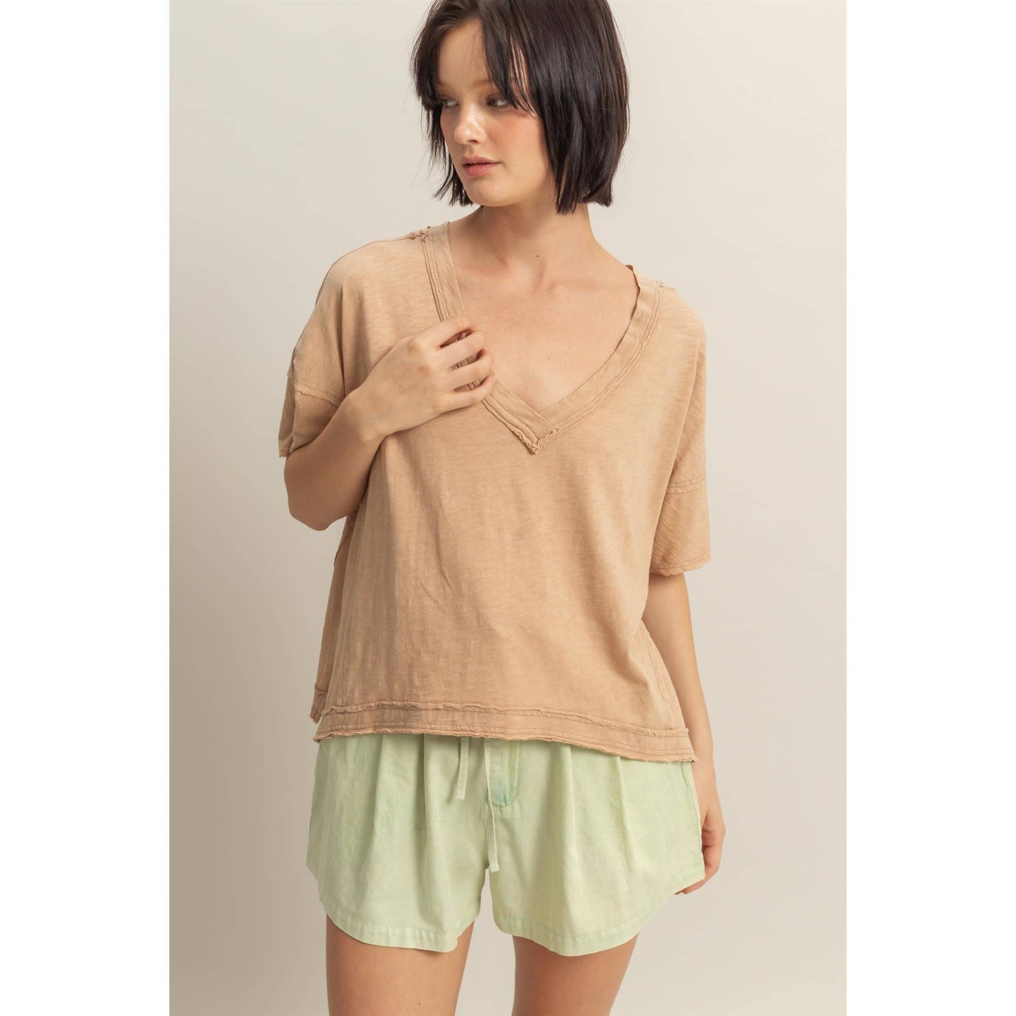 DARK TAUPE Raw Edge V Neck Oversized T Shirt