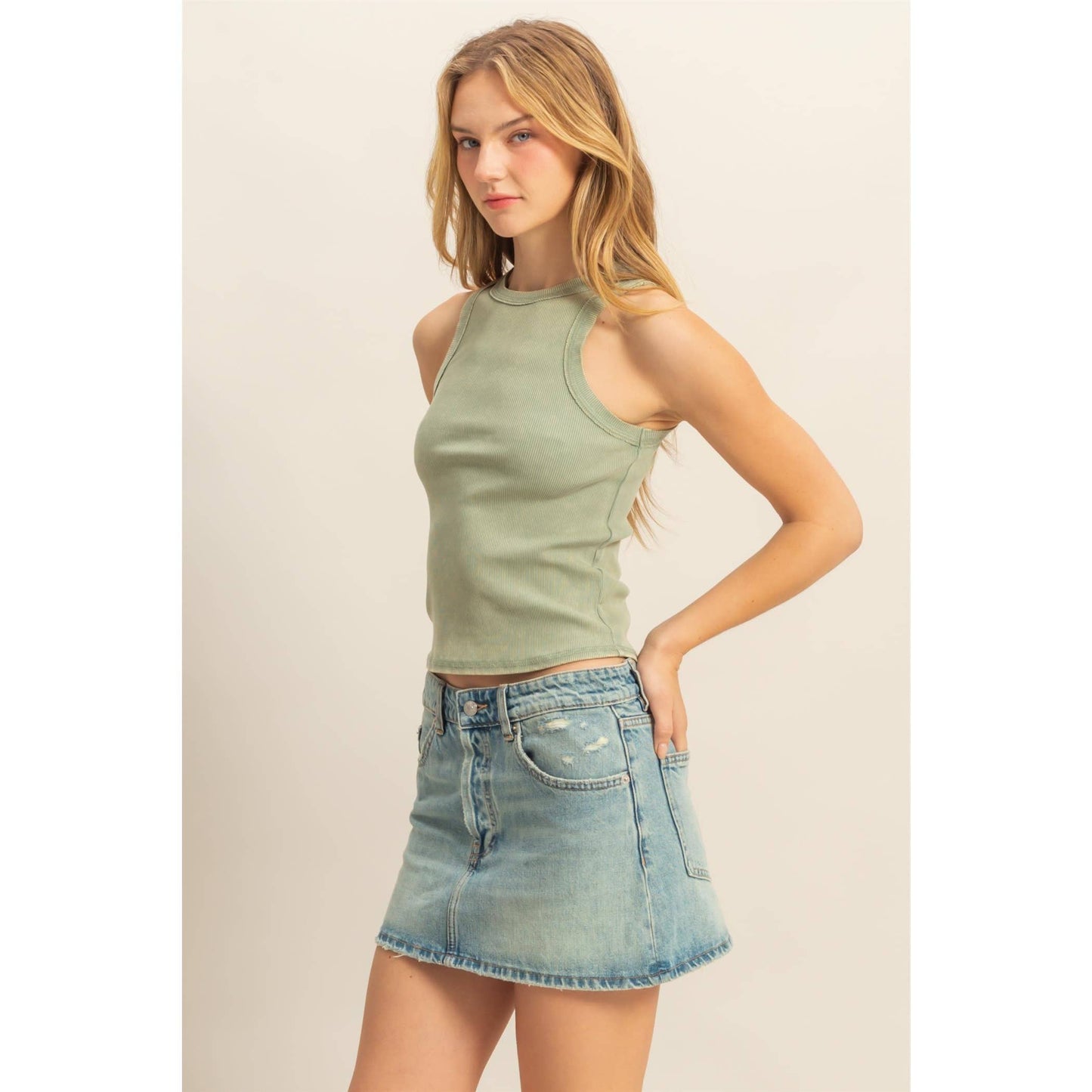 DUSTY INDIGO Washed Ribbed Round Neck Sleeveless Tank