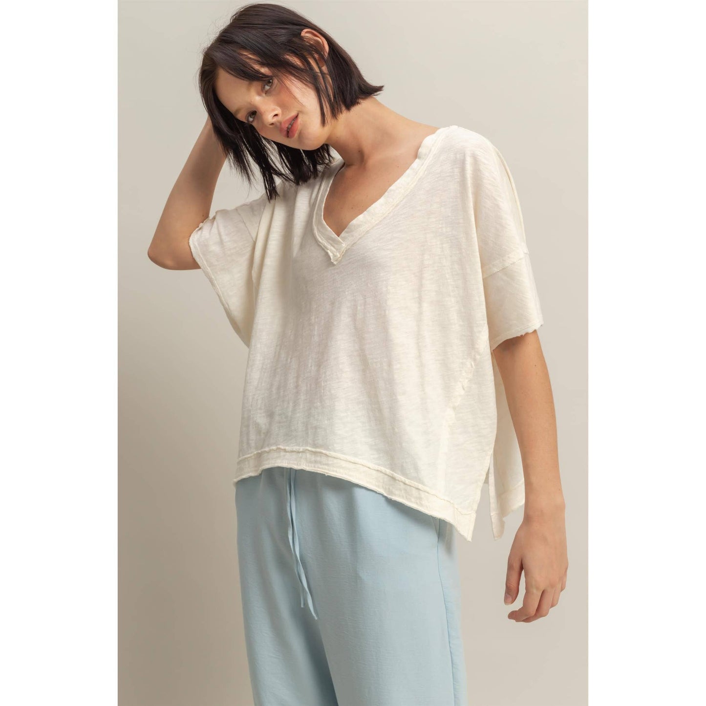 DARK TAUPE Raw Edge V Neck Oversized T Shirt