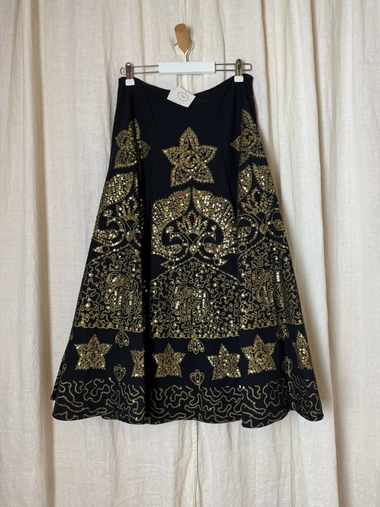 BASIL & MAUDE Black Maxi Skirt w/Gold Sequins, Size 4