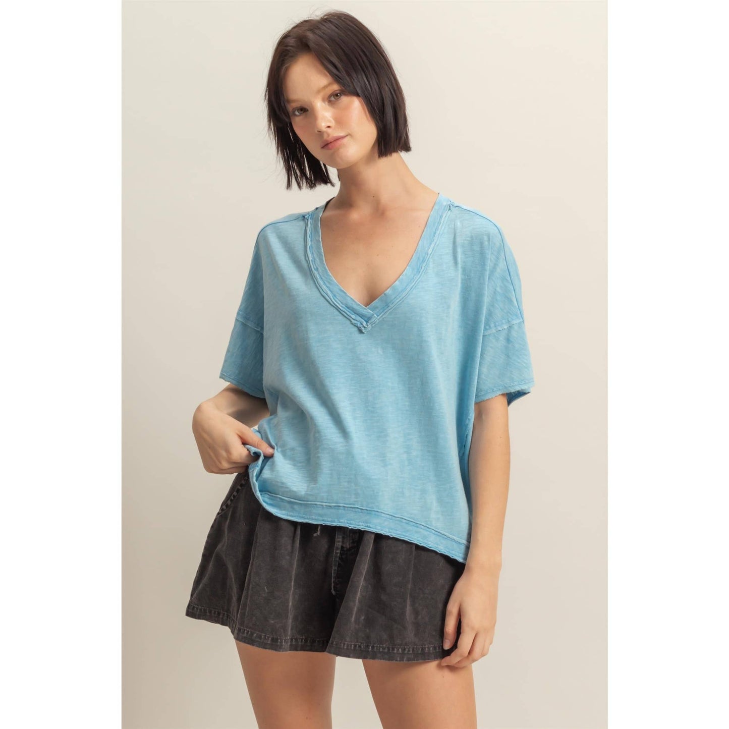 DARK TAUPE Raw Edge V Neck Oversized T Shirt