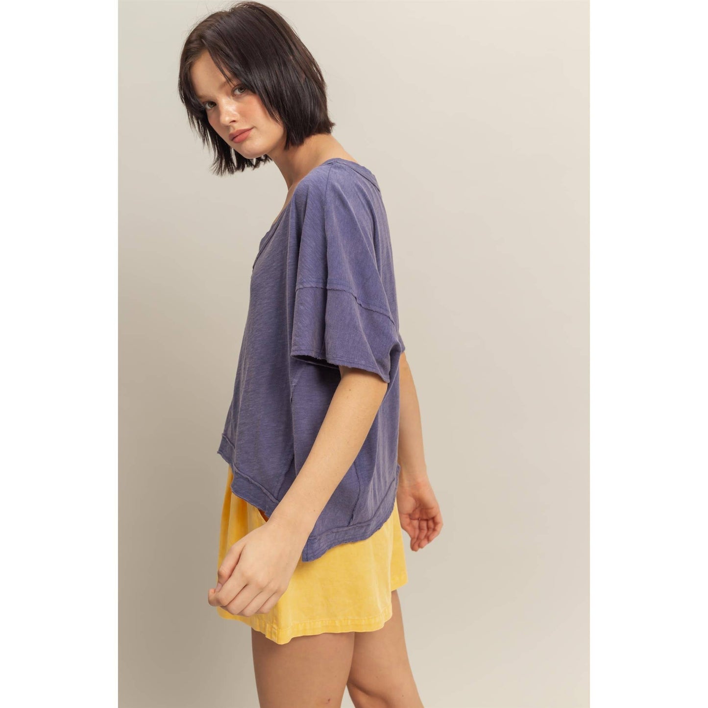 DUSTY INDIGO Raw Edge V Neck Oversized T Shirt