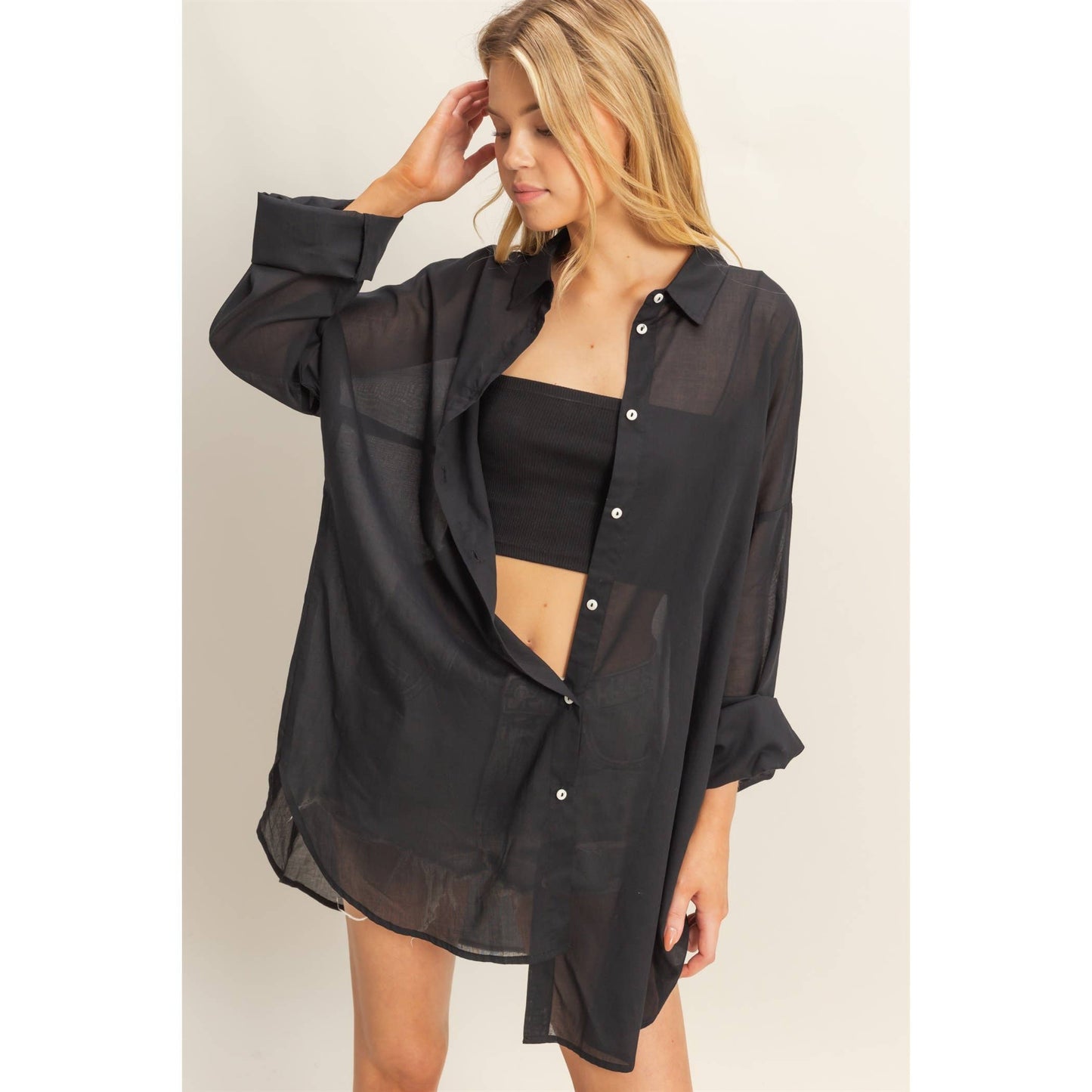 HF25E324-Cotton Voile Button Down Tunic Shirt: BLACK / M
