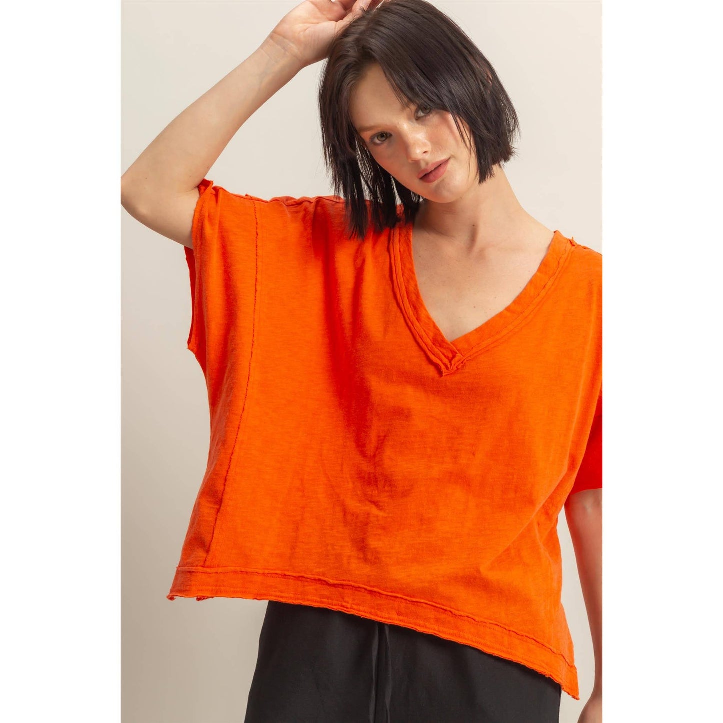 DARK TAUPE Raw Edge V Neck Oversized T Shirt