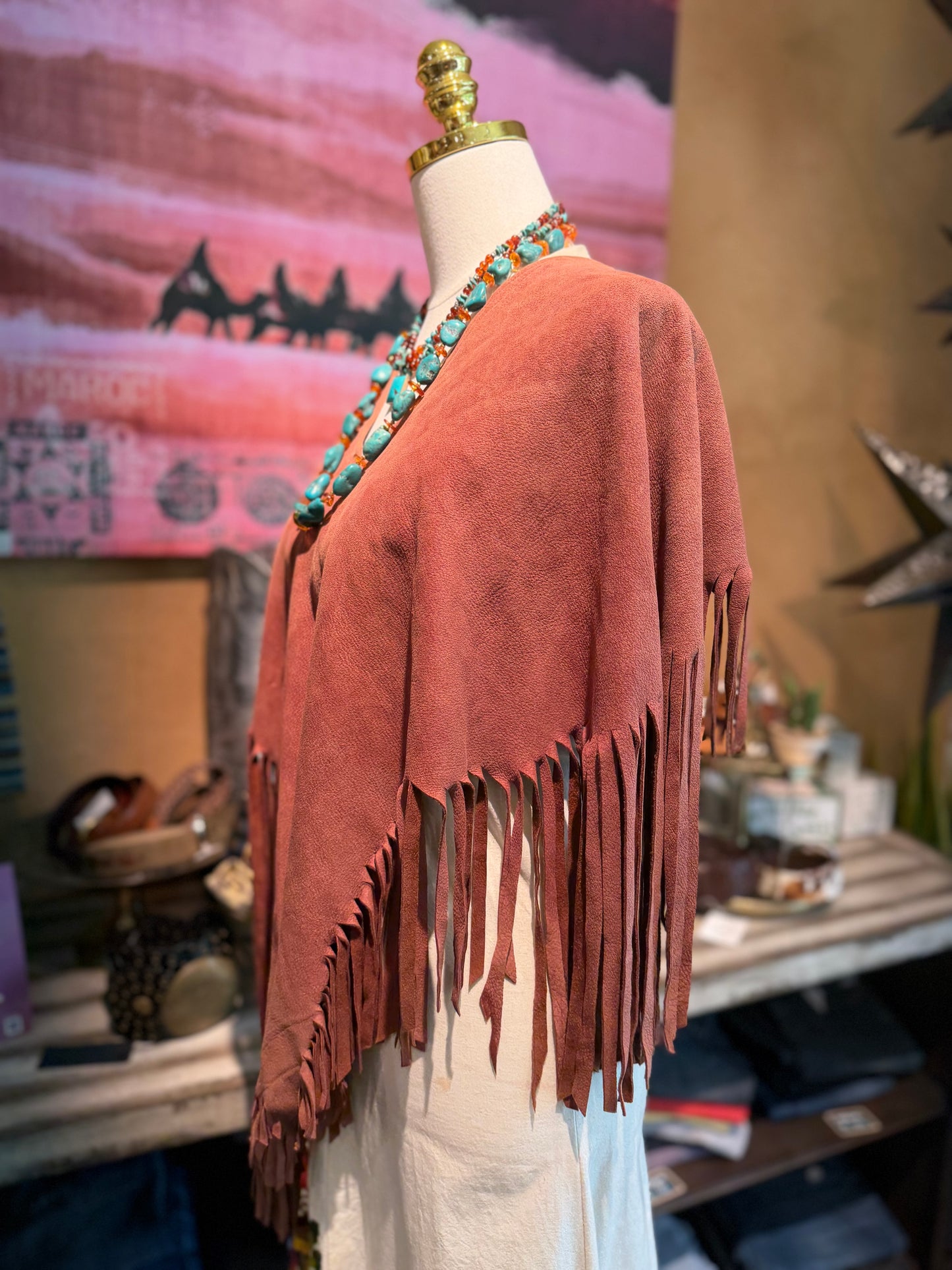 VINTAGE Suede Fringe Poncho in RUST