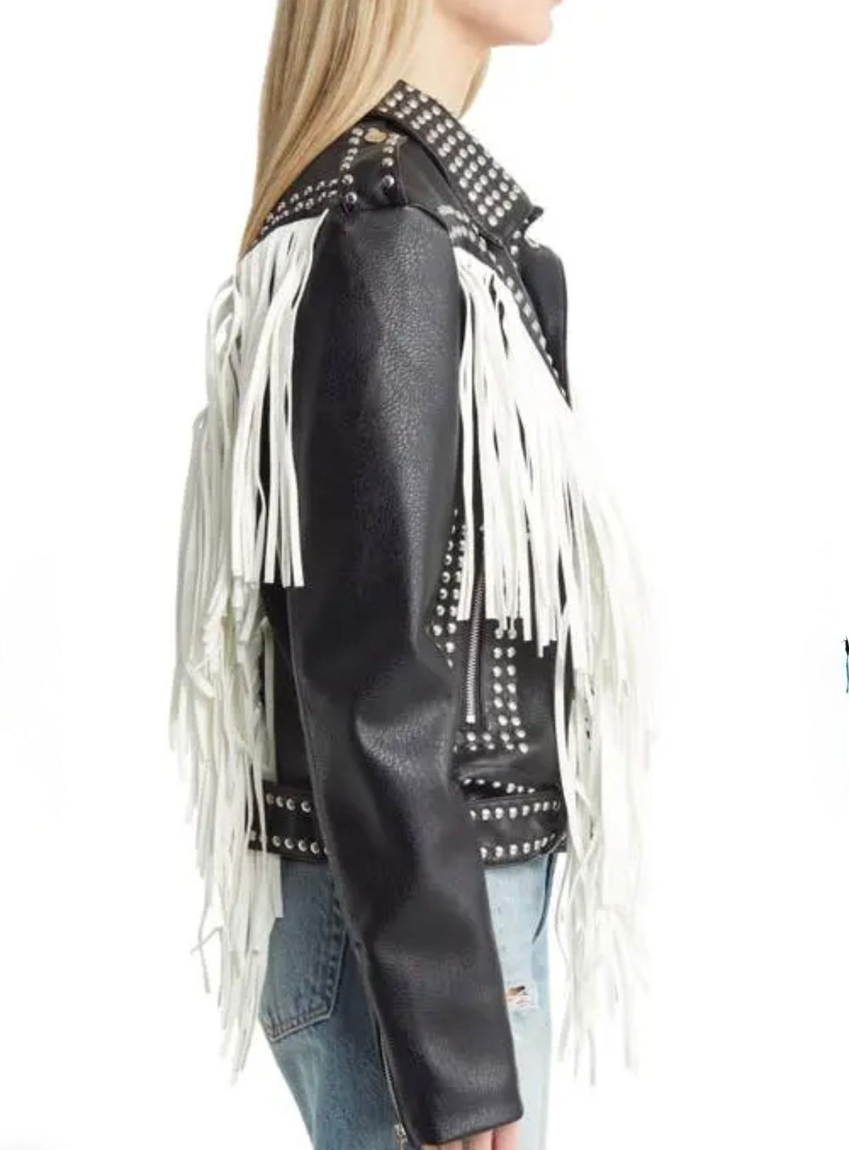 AZALEA WANG B/W Beaded Vegan Leather Jacket Studs/Fringe Detail