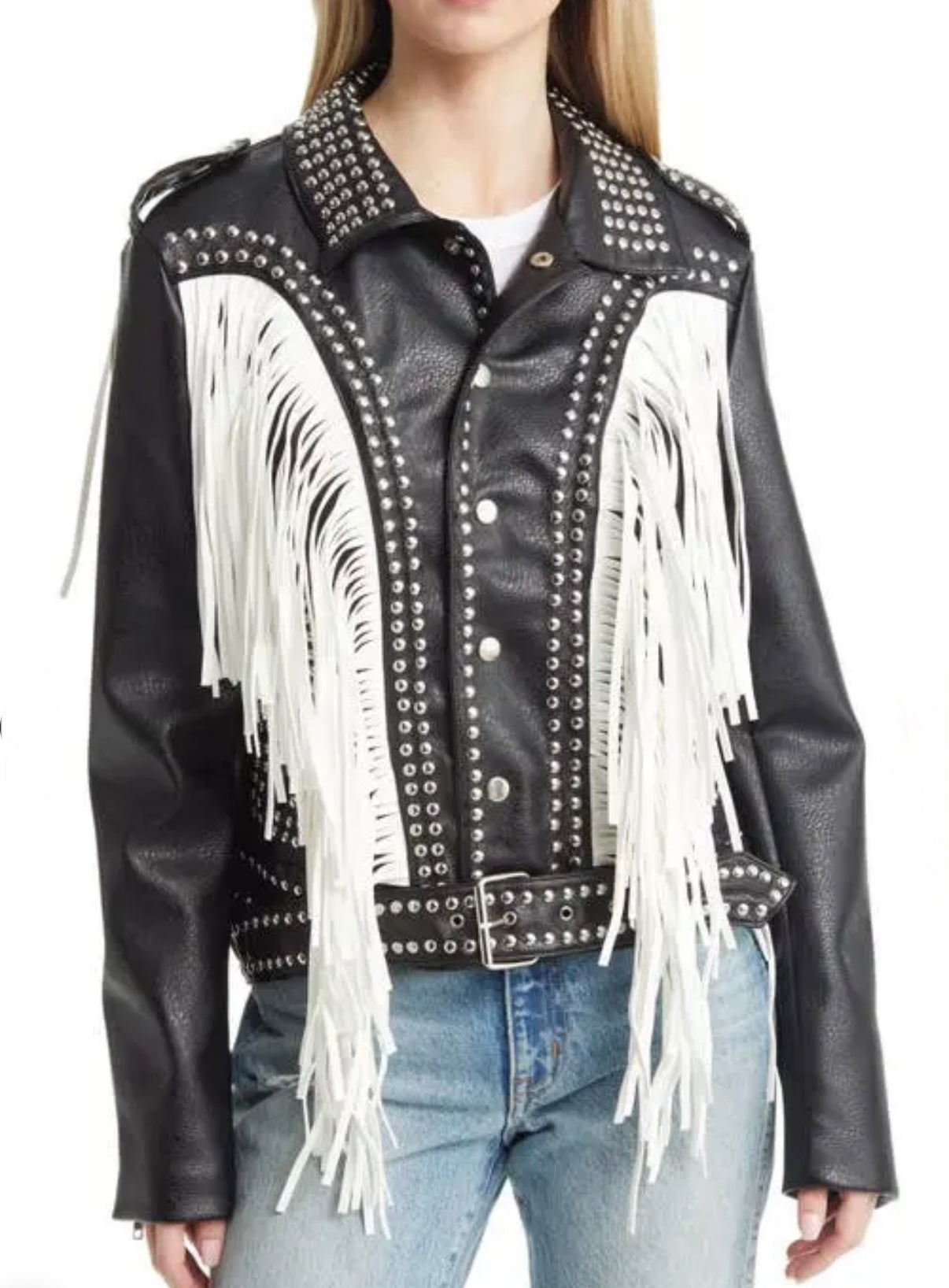 AZALEA WANG B/W Beaded Vegan Leather Jacket Studs/Fringe Detail