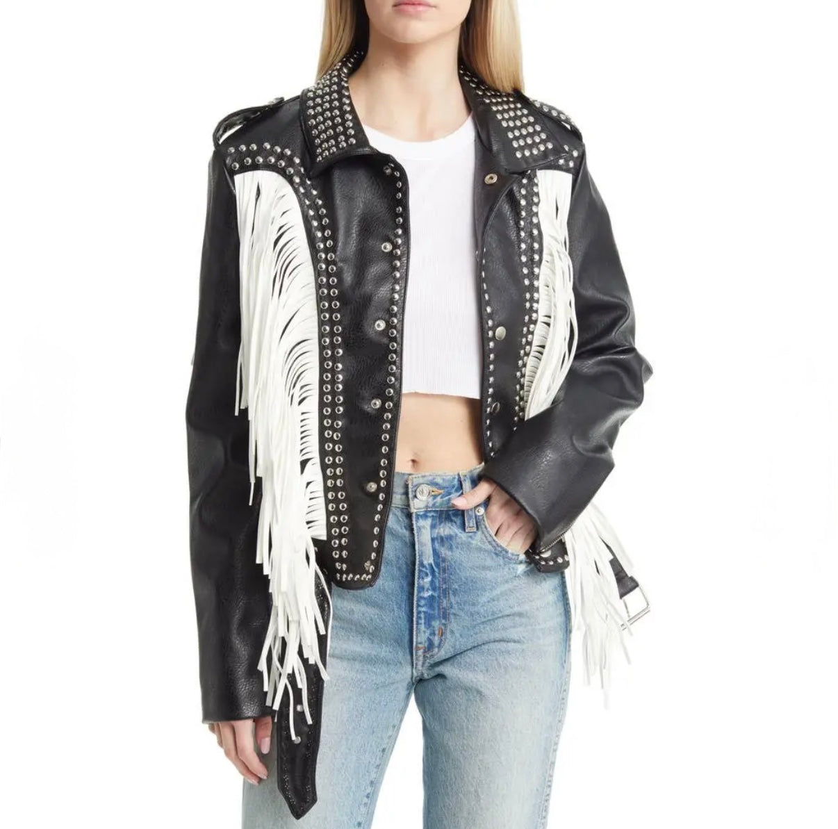 AZALEA WANG B/W Beaded Vegan Leather Jacket Studs/Fringe Detail