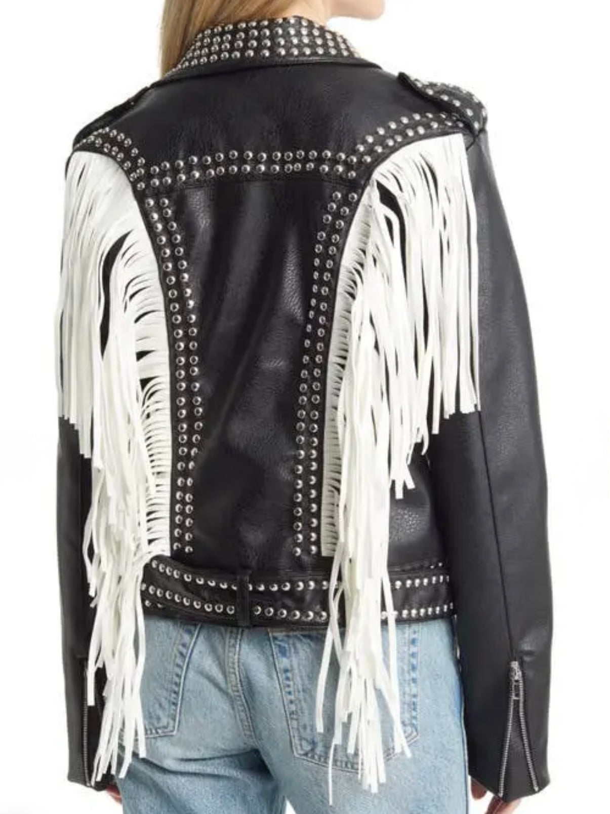 AZALEA WANG B/W Beaded Vegan Leather Jacket Studs/Fringe Detail