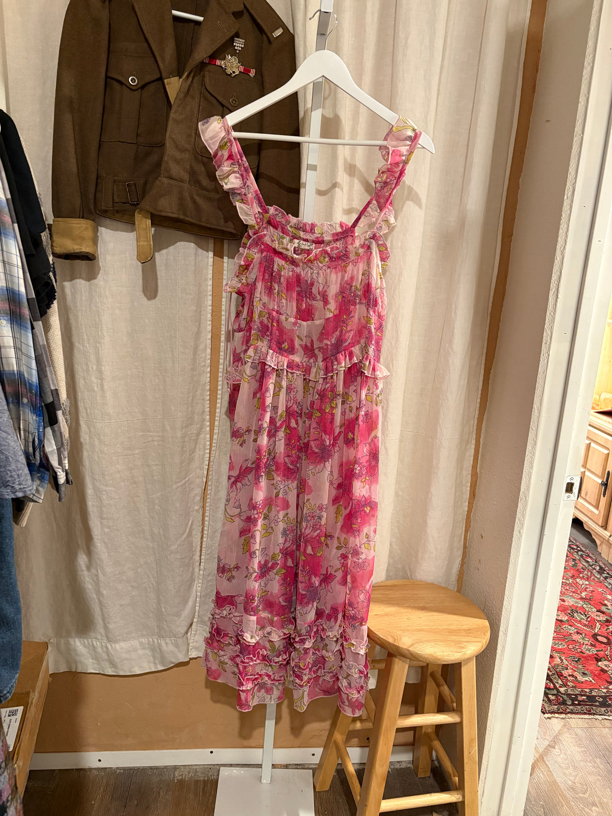 FP Maxi Dress Sheer Ruffle Pink Floral M