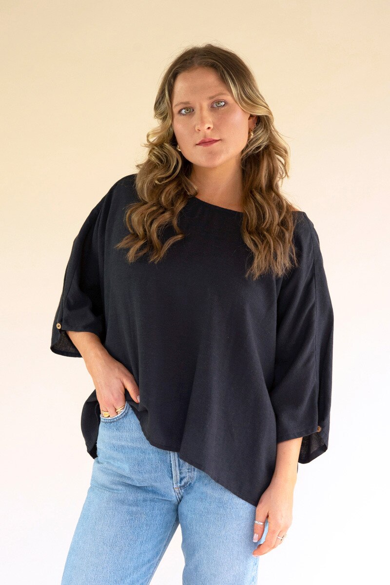 LA LOU Short-Sleeve Blouse with Button Detail on Sleeves / Midnight, OS