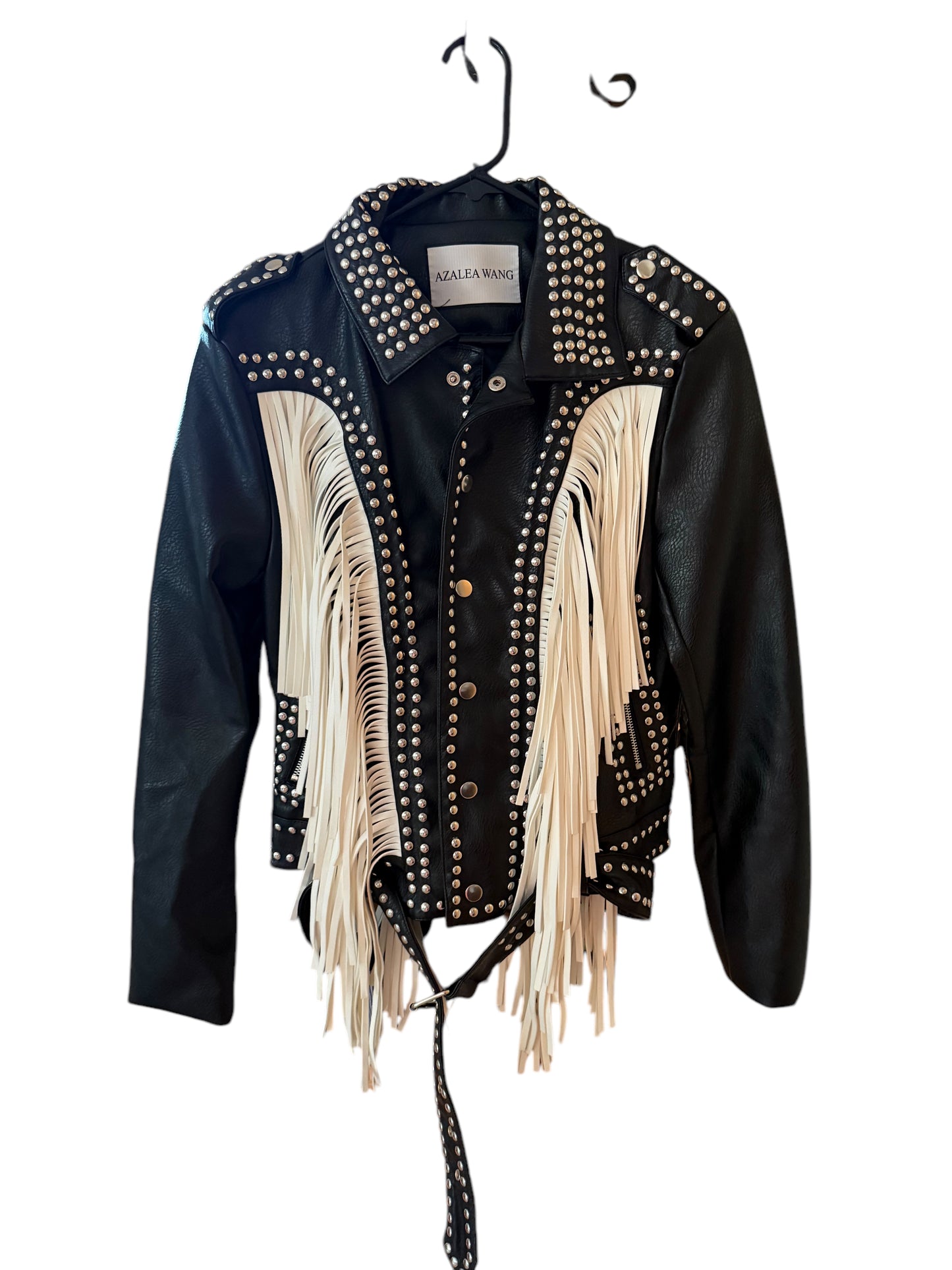 AZALEA WANG B/W Beaded Vegan Leather Jacket Studs/Fringe Detail