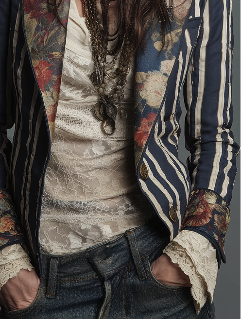 FUTARIO Blazer Blue White Striped Bohemian Floral M