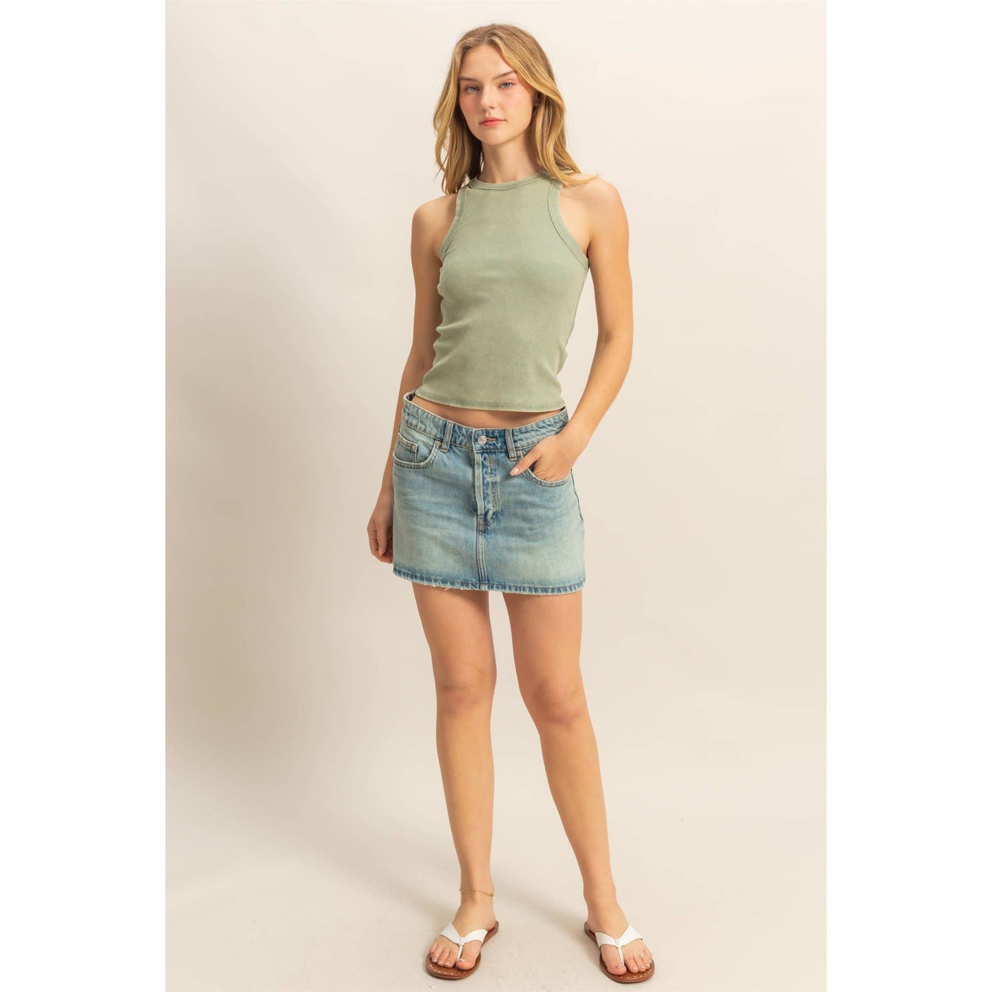 DUSTY INDIGO Washed Ribbed Round Neck Sleeveless Tank