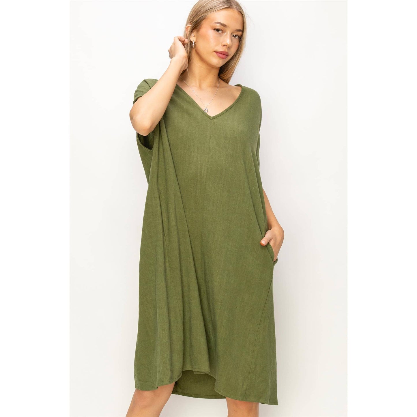 MOSS GREEN V-Neck Oversized Linen Dress