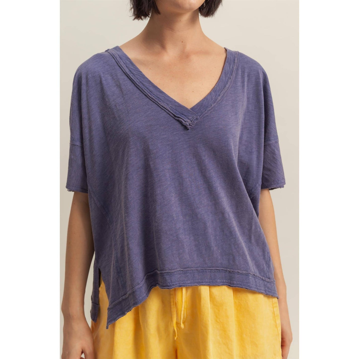 DARK TAUPE Raw Edge V Neck Oversized T Shirt