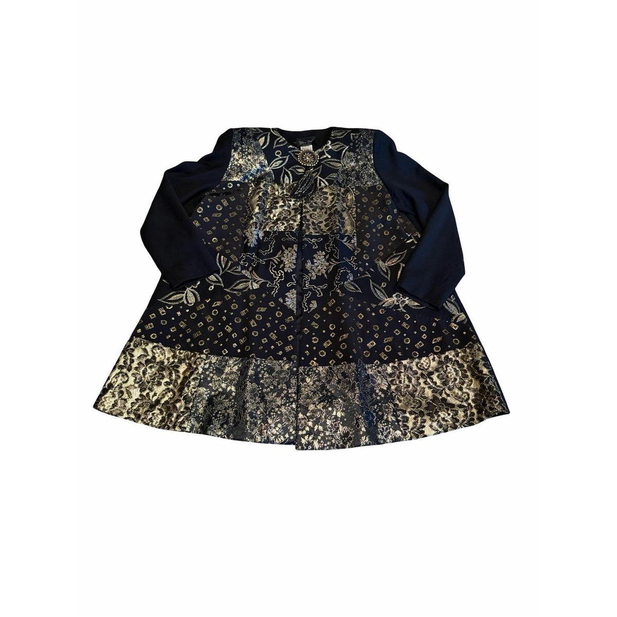 DIANE FREIS Vintage Black Gold Brocade Swing Jacket Embellished Wool Coat