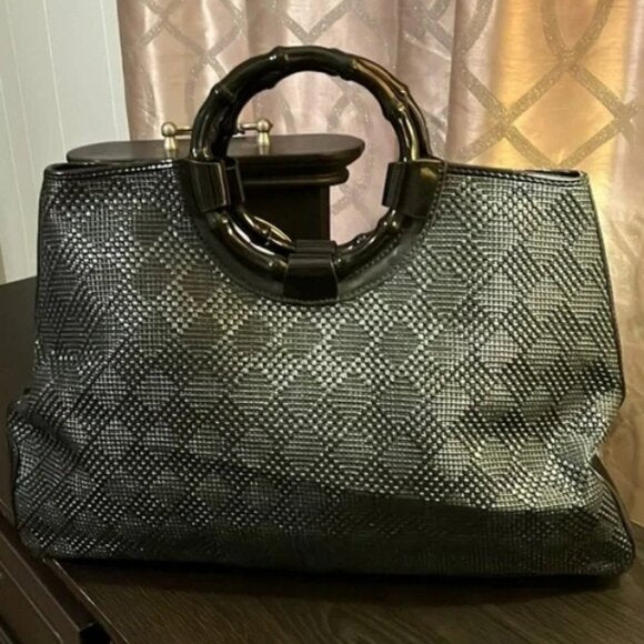 Talbot's Black Woven Tote w/Bamboo Handles