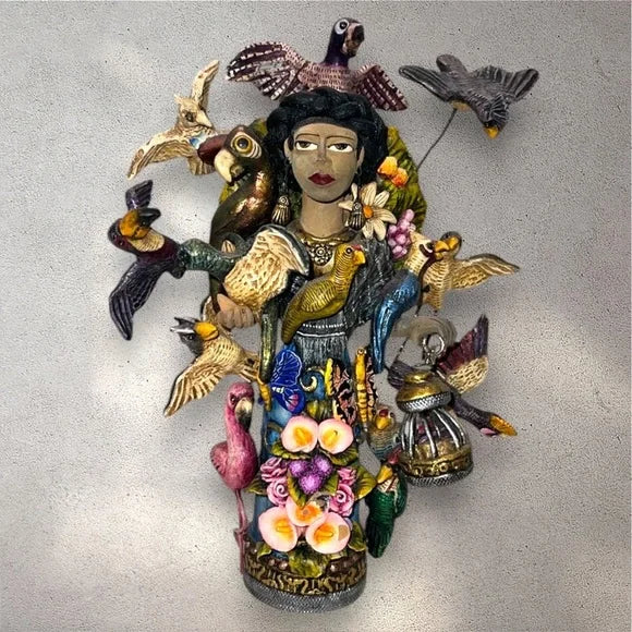 FOLKART from Oaxaca: Woman w/ 15 Birds, Signed By Jose Juan Garcia Aguilar