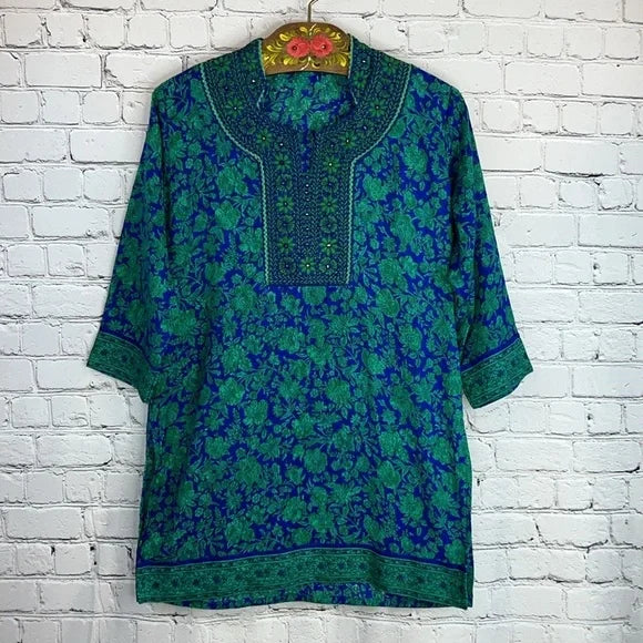 BEAUTIFUL Indian Block Print Tunic, Embellished, Deep Blue & Green, Size M