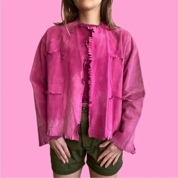Hot PINK Suede Fringe Jacket, Boho Western Vibes Size M