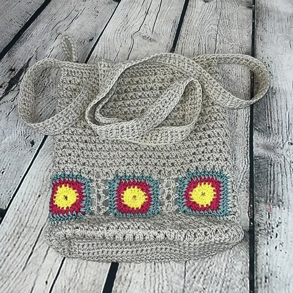 MUDD Crochet Bag Woven Crossbody Y2K, Taupe Background w/Yellow, Blue, Raspberry
