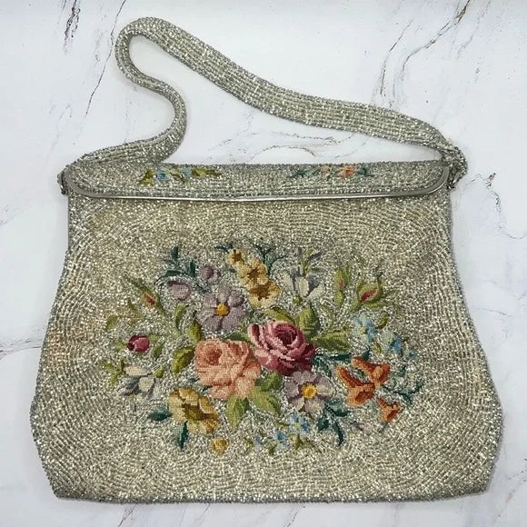 VINTAGE Beautiful Embroidered & Hand-Beaded in Belgium Handbag Purse with Roses