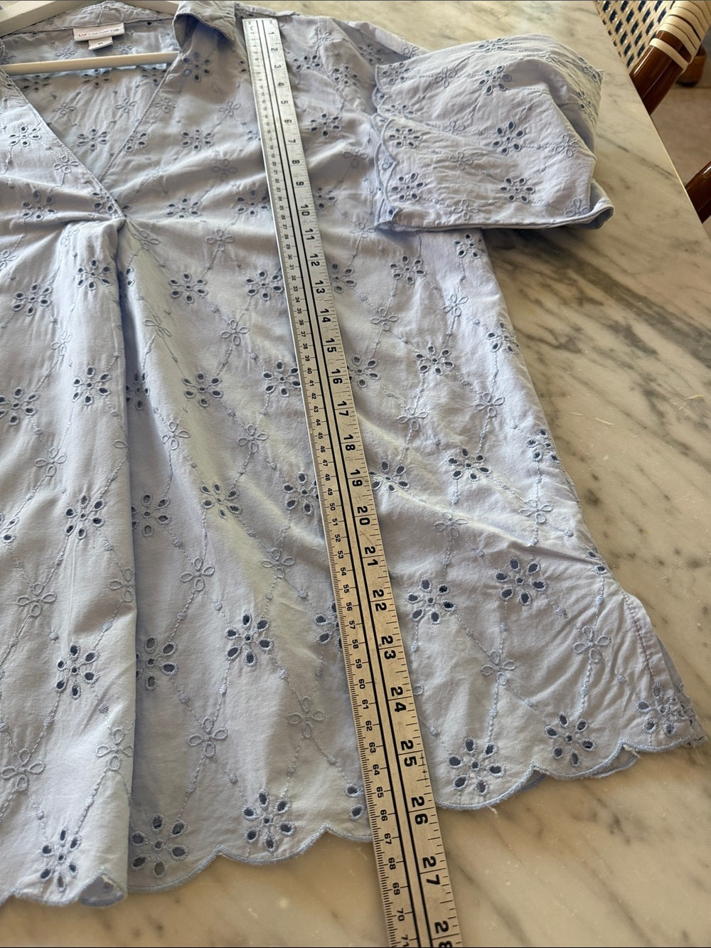 Lavender Blue Eyelet Embroidered Blouse V-Neck Scalloped Sleeve Top XL