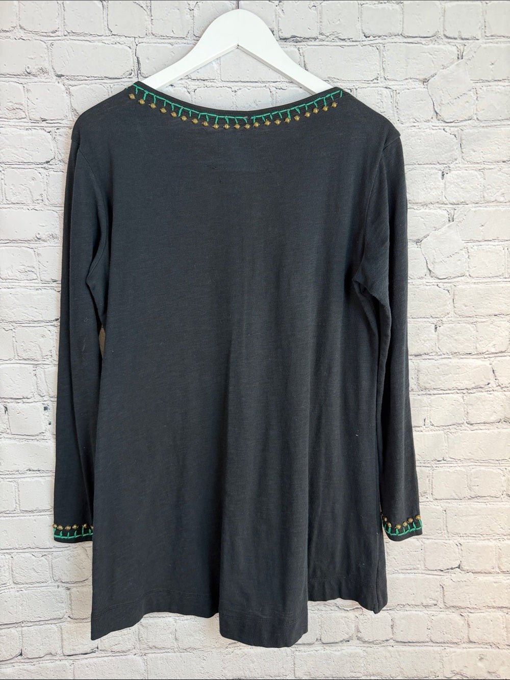 DOUBLE D Boho Feather Headdress Embroidered Top Charcoal XS Oversized
