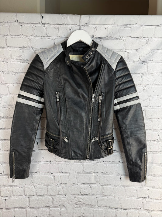Rare Ralph Lauren Distressed Moto Leather Jacket Black/White Striped