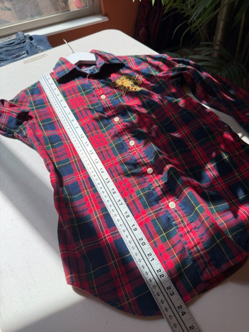 RALPH LAUREN SPORT Red Plaid Button Front Crest Logo Shirt Equestrian Prep 4