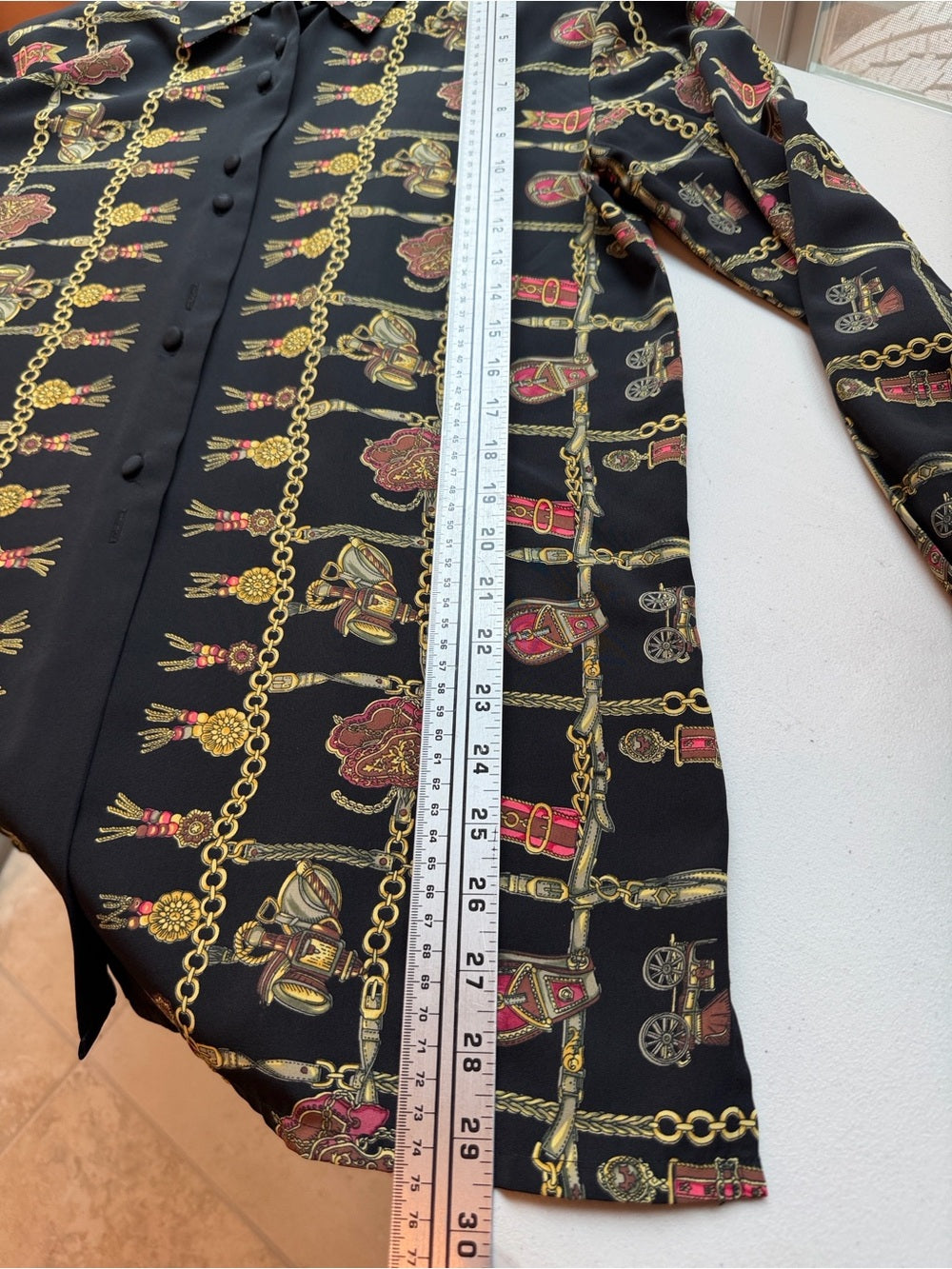 TESS Vintage Black Gold Chain Medallion Print Blouse Button Up M