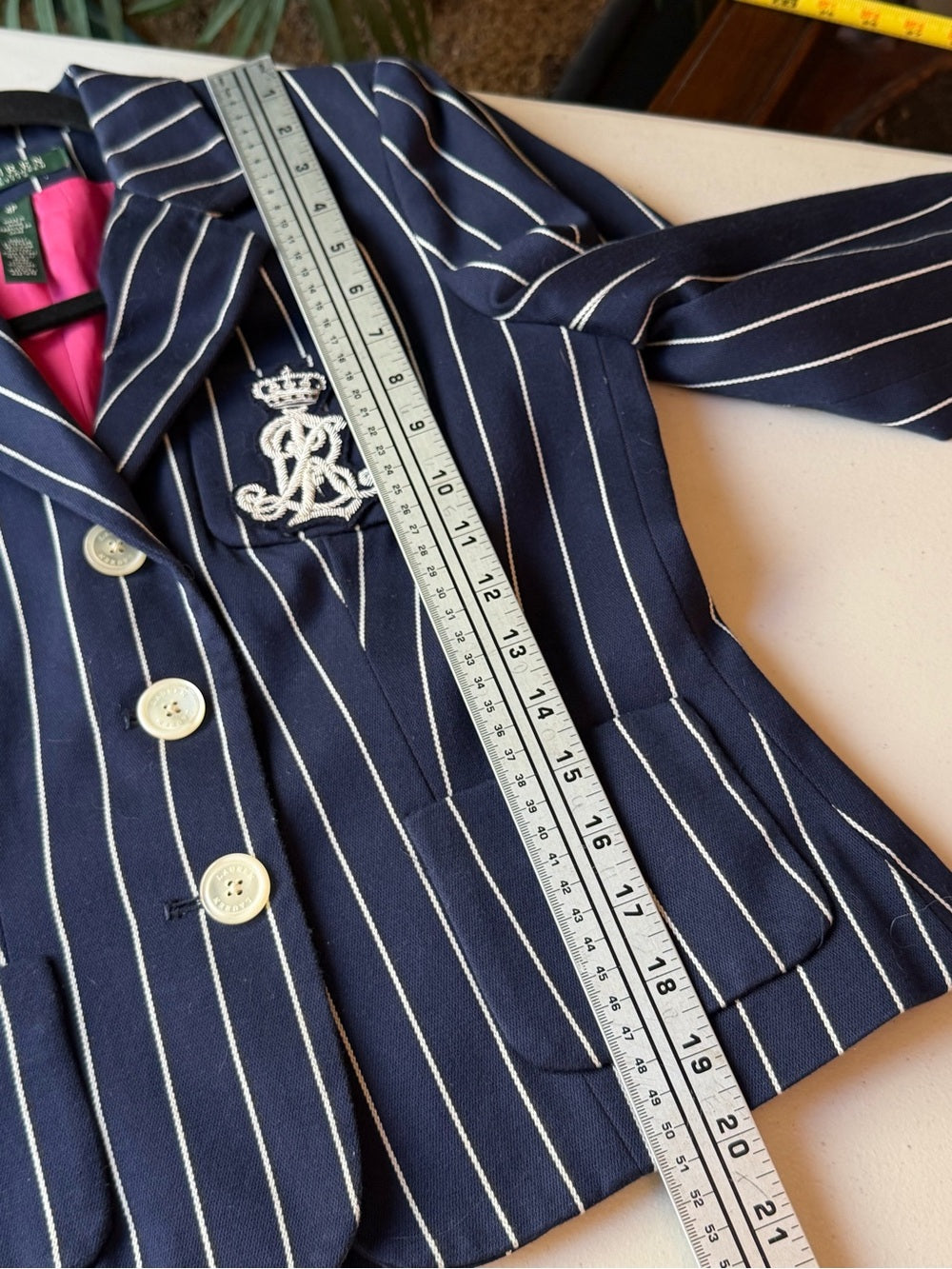 RALPH LAUREN Navy Pinstripe Crest Blazer Jacket Size 4P Preppy Equestrian