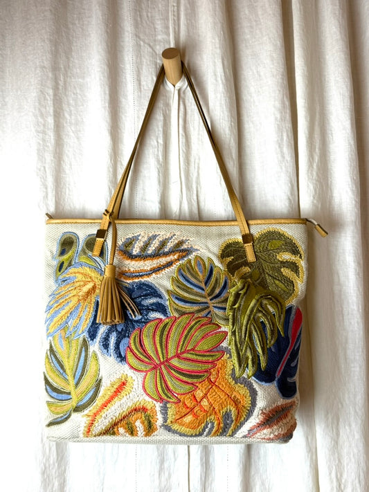 Chico's Botanical Crewel Embroidery Tote, Linen