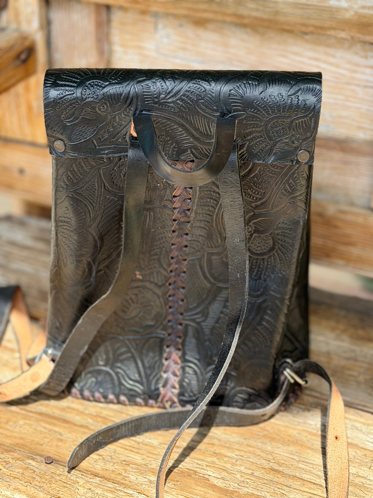 Vintage Hand-tooled Leather Backpack Purse