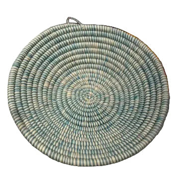 12" Round Coil Basket / Bowl / Natural Woven Grass / Straw / Beige Green