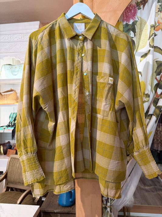 W&W Ranch Plaid Ruched Sleeve Top Chartreuse