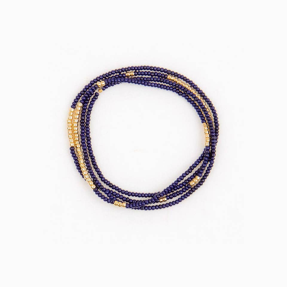 Gold Bead Stretch Necklace Wrap Bracelet: Navy