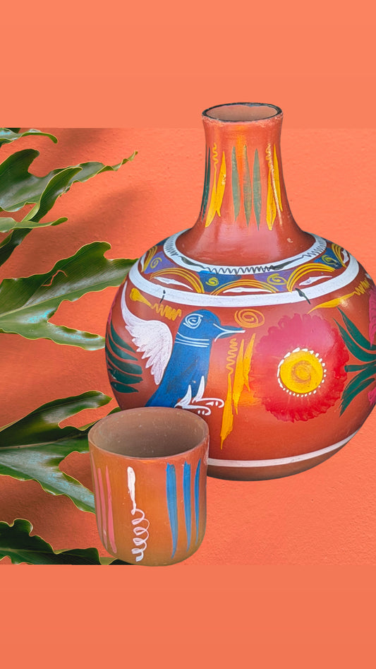 Hand-Painted Terracotta Vase & Cup Set – Folk Art Ceramic Home Décor
