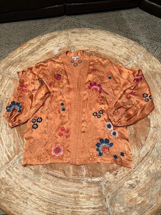 JOHNNY WAS Didiana Bishop Sleeve Satin Embroidered Kimono, XL