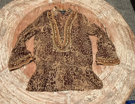 ETCETERA Animal Print Embellished Silk Tunic, Size 4